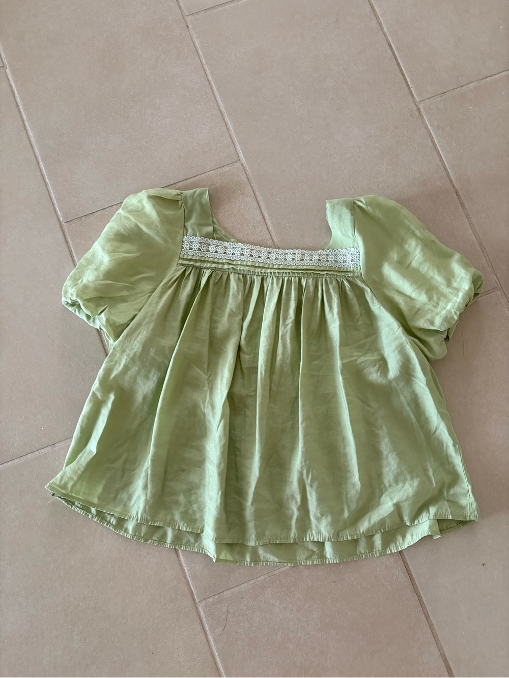 Sage Green Puff Sleeve Babydoll Blouse Crochet Lace Trim fairycore Cottagecore